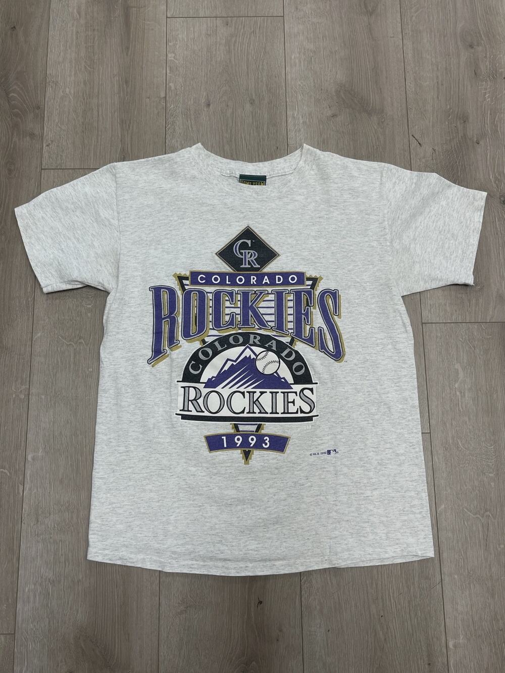 vintage 1992 Colorado Rockies MLB baseball tee T Shirt Gray size Large L Slim SF